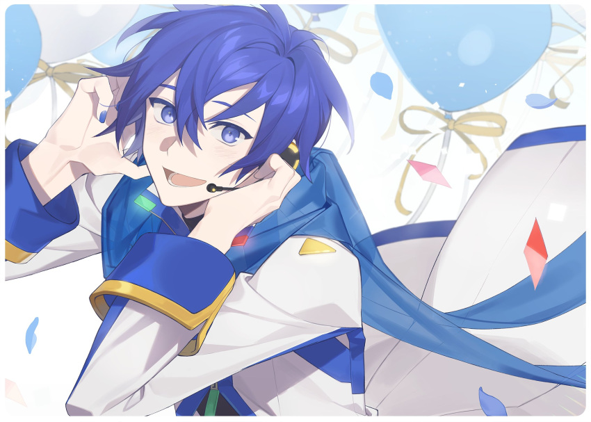 1boy 1c3ink3tk4n balloon blue_eyes blue_hair blue_theme border bow coat confetti hands_on_own_face hands_on_own_head hands_up headset high_collar highres kaito kaito_(vocaloid3) looking_at_viewer male_focus nail_polish open_mouth overexposure pale_skin scarf smile solo teeth turtleneck upper_body vocaloid white_border white_coat