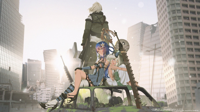 2boys 2girls ai-chan_(playstation) blue_eyes blue_hair bow breasts building car city cityscape coat emil_(nier) flower ground_vehicle hair_flower hair_ornament high_heels highres kaine_(nier) lens_flare lingerie motor_vehicle multiple_boys multiple_girls nier nier_(series) nier_(young) ruins short_hair silver_hair sitting skyscraper smile sword thighhighs underwear vofan weapon white_hair yonah