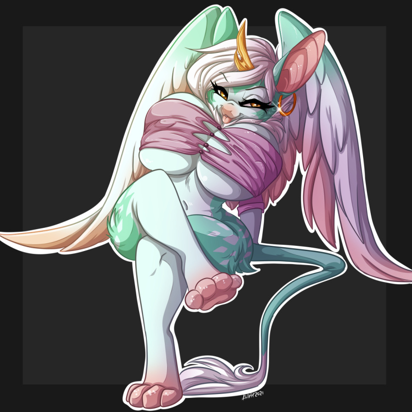 2021 4_toes anthro big_breasts breasts digital_media_(artwork) equid equine feathered_wings feathers feet female fur furkinghell green_body green_fur horn mammal smile solo toes winged_unicorn wings