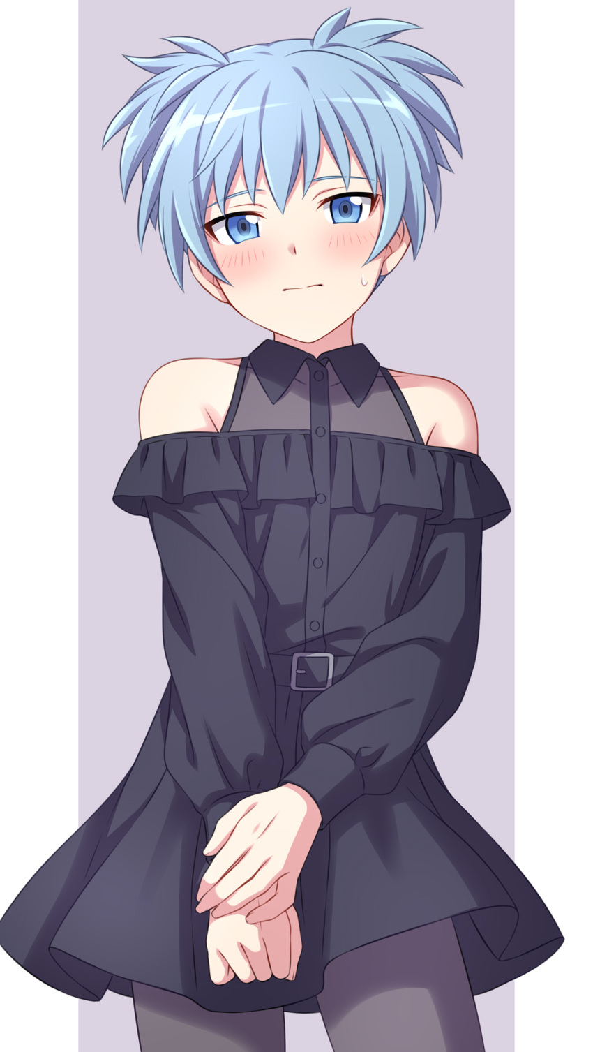 1boy ansatsu_kyoushitsu bare_shoulders black_dress blue_eyes blue_hair blush closed_mouth cowboy_shot crossdressing dress grey_background grey_legwear highres long_sleeves looking_at_viewer male_focus otoko_no_ko pantyhose pillarboxed sekina shiota_nagisa short_hair solo sweat twintails