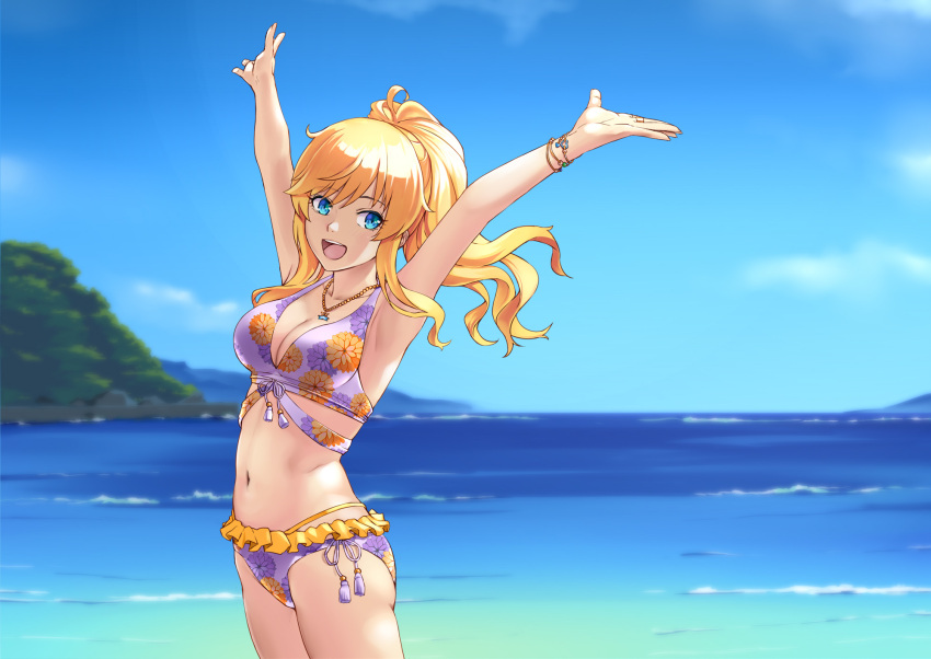 1girl :d armpits arms_up bangs beach bikini blonde_hair blue_eyes breasts cleavage cloud commentary_request day floral_print highres idolmaster idolmaster_cinderella_girls jewelry long_hair looking_at_viewer medium_breasts mizuki_(mizuki_ame) navel necklace ocean ootsuki_yui open_mouth outdoors ponytail print_bikini side-tie_bikini sky smile solo swimsuit water