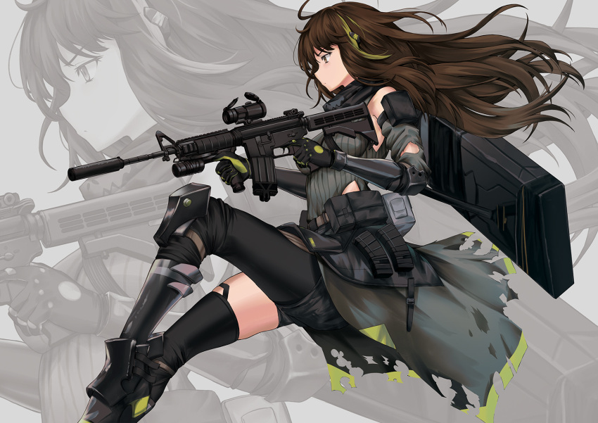 1girl ahegao black_gloves black_hair black_legwear breasts brown_eyes girls_frontline gloves gun hair_ornament highres long_hair looking_away m4a1_(girls_frontline) medium_breasts persocon93 rifle simple_background thighs weapon zoom_layer