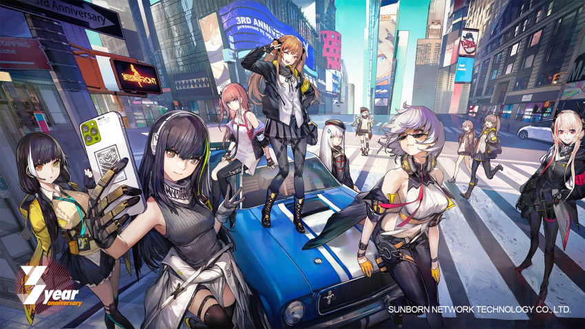 404_(girls_frontline) 6+girls anniversary anti-rain_(girls_frontline) artist_request asymmetrical_legwear bangs bare_shoulders beret black_hair blonde_hair blue_eyes blunt_bangs boots breasts brown_eyes brown_hair car cellphone city clothes_around_waist collarbone collared_shirt crop_top cross-laced_footwear dress earpiece expressionless eyewear_on_head fingerless_gloves g11_(girls_frontline) girls_frontline gloves green_eyes green_hair grey_hair ground_vehicle hair_ornament hair_ribbon hairclip hands_in_pockets hat headband headgear headphones heterochromia highlights highres hk416_(girls_frontline) hood hooded_jacket id_card jacket jacket_around_waist knee_boots knee_pads lace-up_boots large_breasts leaning_back leaning_on_object leg_strap long_hair looking_afar looking_at_viewer looking_away looking_to_the_side low_twintails m200_(girls_frontline) m4_sopmod_ii_(girls_frontline) m4a1_(girls_frontline) mechanical_arms medium_breasts messy_hair motor_vehicle multicolored_hair multiple_girls navel necktie off_shoulder official_art one_eye_closed open_mouth orange_eyes pants pantyhose parted_lips partially_unbuttoned phone pink_hair pleated_skirt ponytail red_eyes red_hair ribbon ro635_(girls_frontline) scar scar_across_eye scarf selfie shirt short_dress short_hair side_ponytail sidelocks silver_hair sitting sitting_on_car skindentation skirt skull_mask sleeveless sleeves_rolled_up small_breasts smartphone smile st_ar-15_(girls_frontline) standing standing_on_car standing_on_one_leg sunglasses sweater_vest teardrop_tattoo thigh_strap thighhighs thompson_(girls_frontline) twintails ump45_(girls_frontline) ump9_(girls_frontline) v vehicle_request very_long_hair walking white_hair yellow_eyes