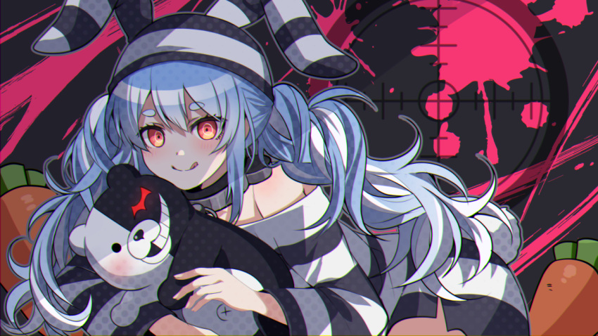 1girl :q bangs blood blue_hair blush carrot_pillow chain chocho_(homelessfox) choker collar collarbone commentary_request hat holding hololive long_hair long_sleeves looking_at_viewer metal_collar monokuma off_shoulder pink_blood prison_clothes red_eyes shirt smile solo striped striped_shirt stuffed_animal stuffed_toy tongue tongue_out usada_pekora