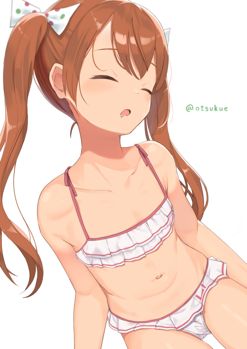 1girl bikini blush bow brown_hair closed_eyes collarbone commentary_request cowboy_shot drooling dx_(dekusu) eyebrows_visible_through_hair fang frilled_bikini frills hair_bow hair_ribbon highres kantai_collection libeccio_(kancolle) long_hair navel open_mouth polka_dot polka_dot_bow polka_dot_ribbon ribbon sitting sleeping solo stomach striped striped_bikini swimsuit twintails twitter_username white_background white_bikini white_ribbon