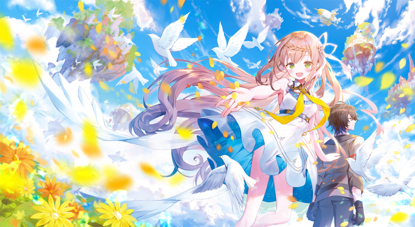 animal bird clouds dress flowers ibara_riato male original sky