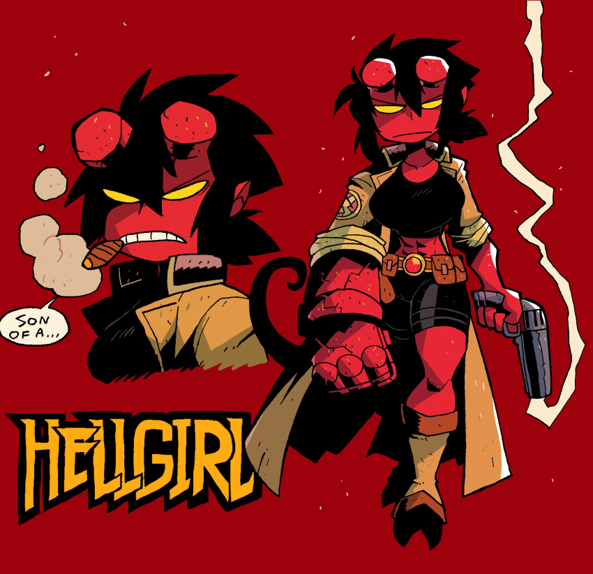 1girl abs absurdres belt belt_pouch bike_shorts black_hair breasts brown_coat cigar closed_mouth coat english_commentary english_text genderswap genderswap_(mtf) gun hellboy hellboy_(comic) highres holding holding_gun holding_weapon hooves horns large_breasts looking_at_viewer monster_girl mouth_hold multiple_views open_clothes open_coat oversized_forearms oversized_limbs ponytail pouch rariatto_(ganguri) red_background red_theme sawed-off_shotgun shotgun simple_background smoke smoking weapon yellow_eyes