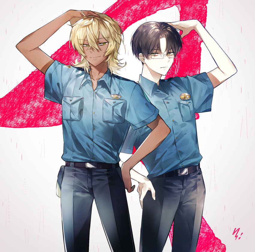 2boys akutsu_mabu bangs belt black_hair black_pants blonde_hair dark_skin dark_skinned_male glasses hair_between_eyes hand_on_hip hand_on_own_head hand_up highres male_focus medium_hair multiple_boys niiboshi_reo pale_skin pants paran_(paran_b) parted_bangs pocket police police_uniform sarazanmai short_hair short_sleeves standing uniform