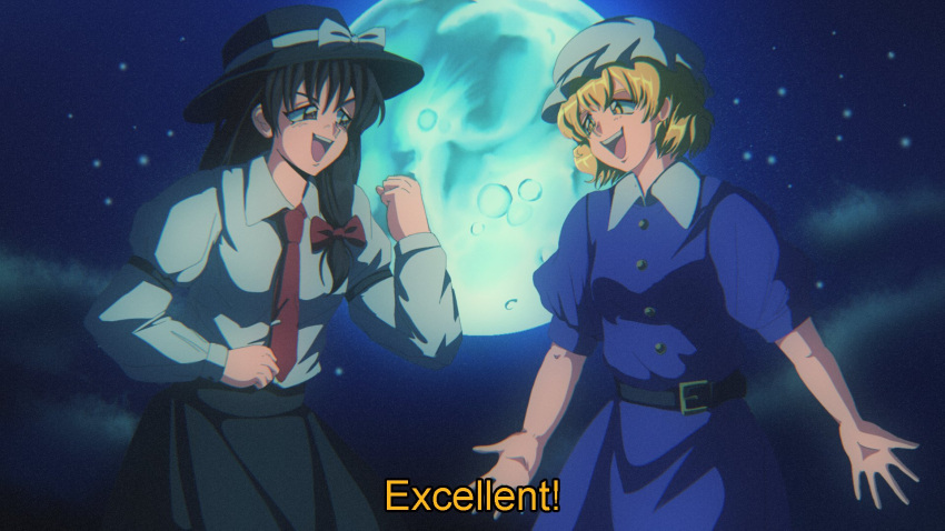 1990s_(style) 2girls belt bill_&amp;_ted black_skirt blonde_hair brown_eyes brown_hair excited fedora feet_out_of_frame full_moon hair_ribbon hat highres long_hair long_skirt maribel_hearn moon multiple_girls necktie night night_sky outdoors purple_shirt purple_skirt retro_artstyle ribbon shirt short_hair skirt sky star_(sky) starry_sky step_arts touhou usami_renko white_shirt yellow_eyes