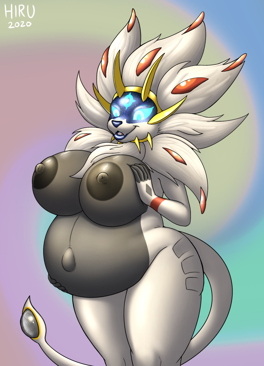 anthro belly big_belly big_breasts black_belly black_nipples black_nose blue_eyes breasts curvy_figure female glowing glowing_eyes hi_res hirurux legendary_pok&eacute;mon nintendo nipples pok&eacute;mon pok&eacute;mon_(species) pregnant pregnant_female solgaleo solo video_games white_body