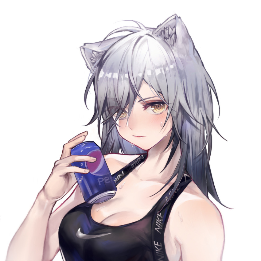 1girl alternate_hairstyle animal_ear_fluff animal_ears arknights bangs bare_arms bare_shoulders blush breasts can cat_ears cleavage eyebrows_visible_through_hair hair_down hand_up highres holding holding_can kiji_(yuanruiy) long_hair looking_at_viewer nike pepsi revision schwarz_(arknights) silver_hair simple_background soda_can solo upper_body white_background yellow_eyes