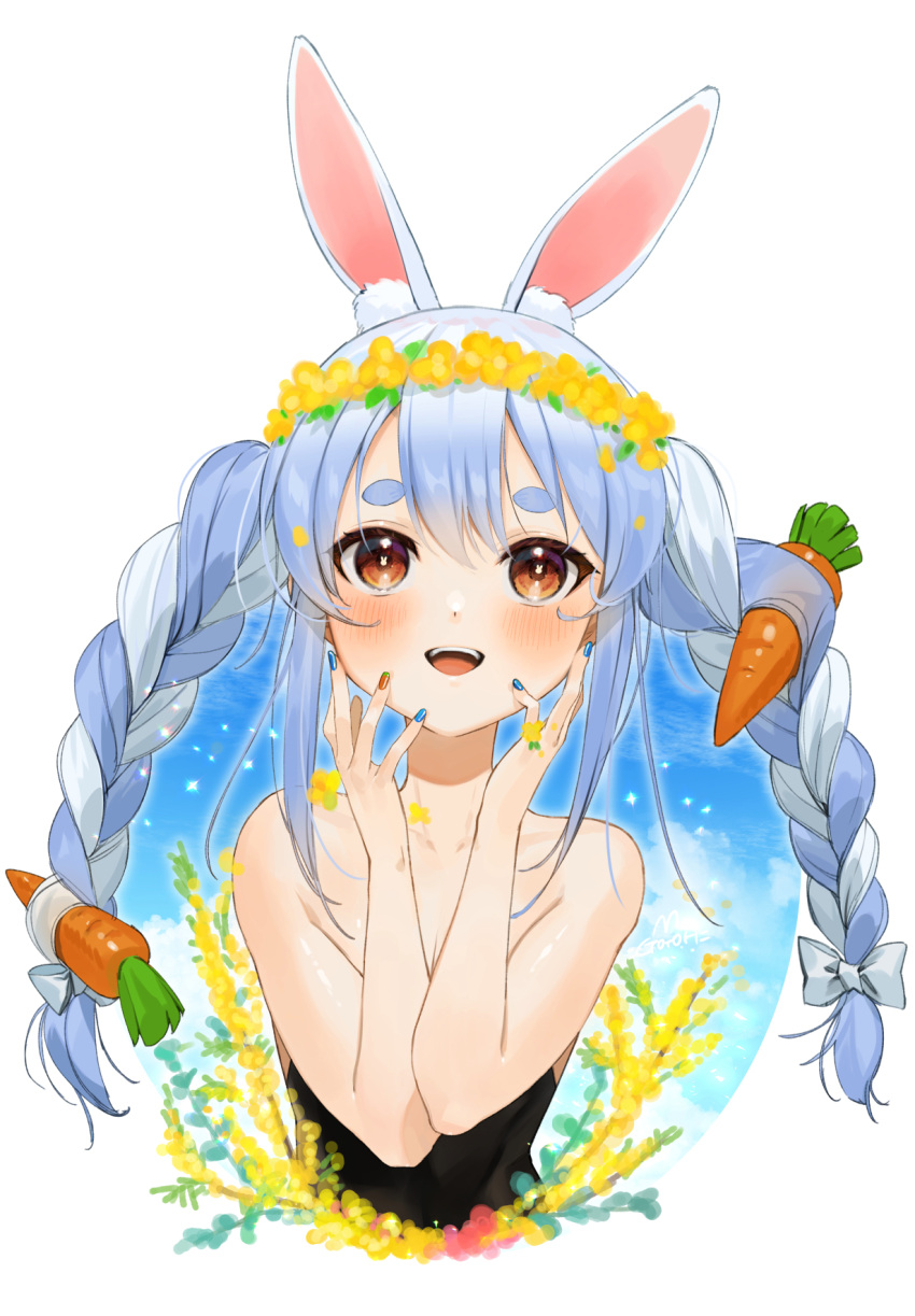 1girl :d animal_ear_fluff animal_ears bare_shoulders black_leotard blue_nails blush braid bunny_ears carrot_hair_ornament collarbone commentary flower food_themed_hair_ornament gotoh510 hair_ornament hands_on_own_cheeks hands_on_own_face head_wreath highres hololive leotard light_blue_hair long_hair looking_at_viewer multicolored multicolored_hair multicolored_nails open_mouth orange_eyes orange_nails simple_background smile solo streaked_hair symbol-shaped_pupils symbol_commentary thick_eyebrows twin_braids twintails two-tone_hair upper_body usada_pekora virtual_youtuber white_background white_hair