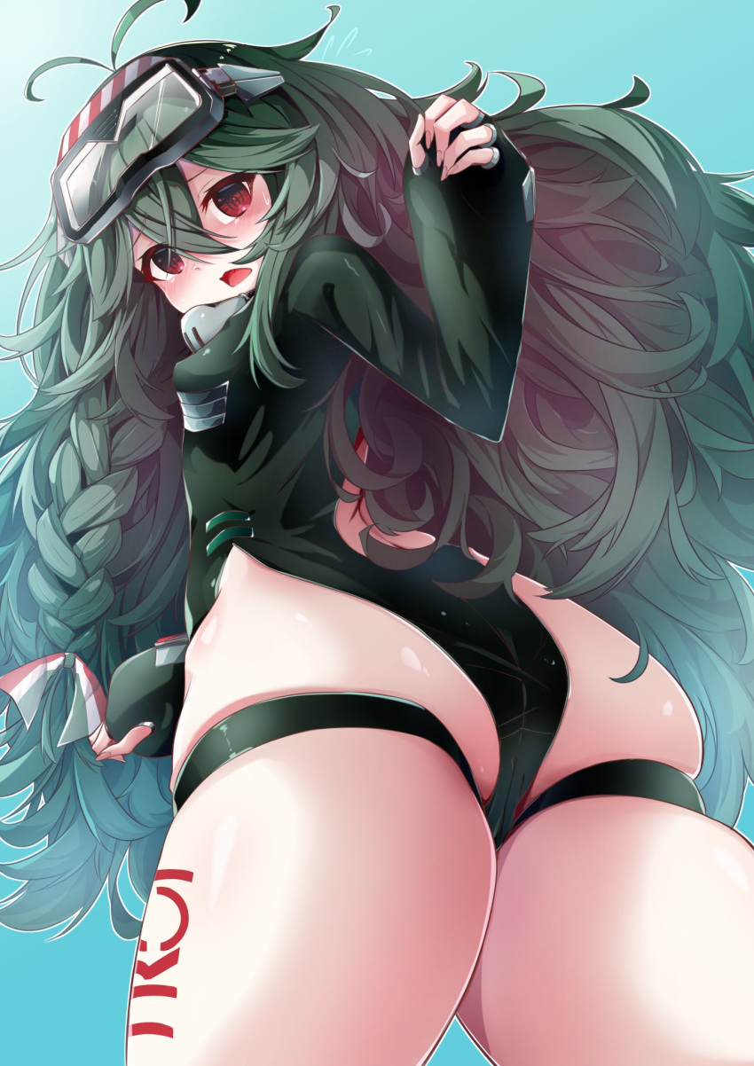 1girl @_@ ass azur_lane blush dark_green_hair diving_mask diving_mask_on_head from_behind goggles goggles_on_head highleg highleg_swimsuit highres leer.meer long_hair looking_at_viewer looking_back open_mouth shiny shiny_hair shiny_skin skindentation solo standing swimsuit thigh_tattoo thighs torricelli_(azur_lane) wetsuit