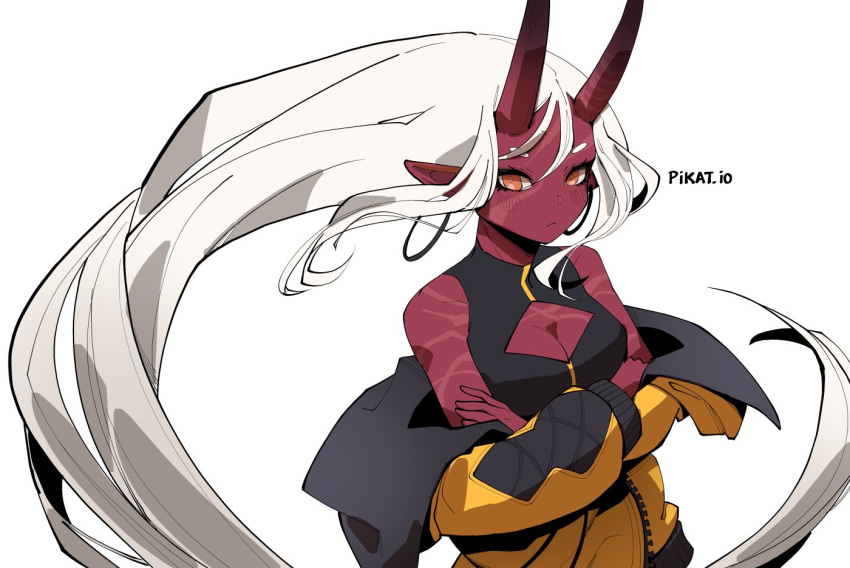 akumi_(yoclesh) breasts cleavage cleavage_cutout clip_studio_paint_(medium) clothing_cutout colored_skin floating_hair horns indie_virtual_youtuber jacket long_hair medium_breasts off_shoulder oni oni_horns orange_eyes pikat pointy_ears red_skin scar upper_body very_long_hair virtual_youtuber white_background yellow_jacket