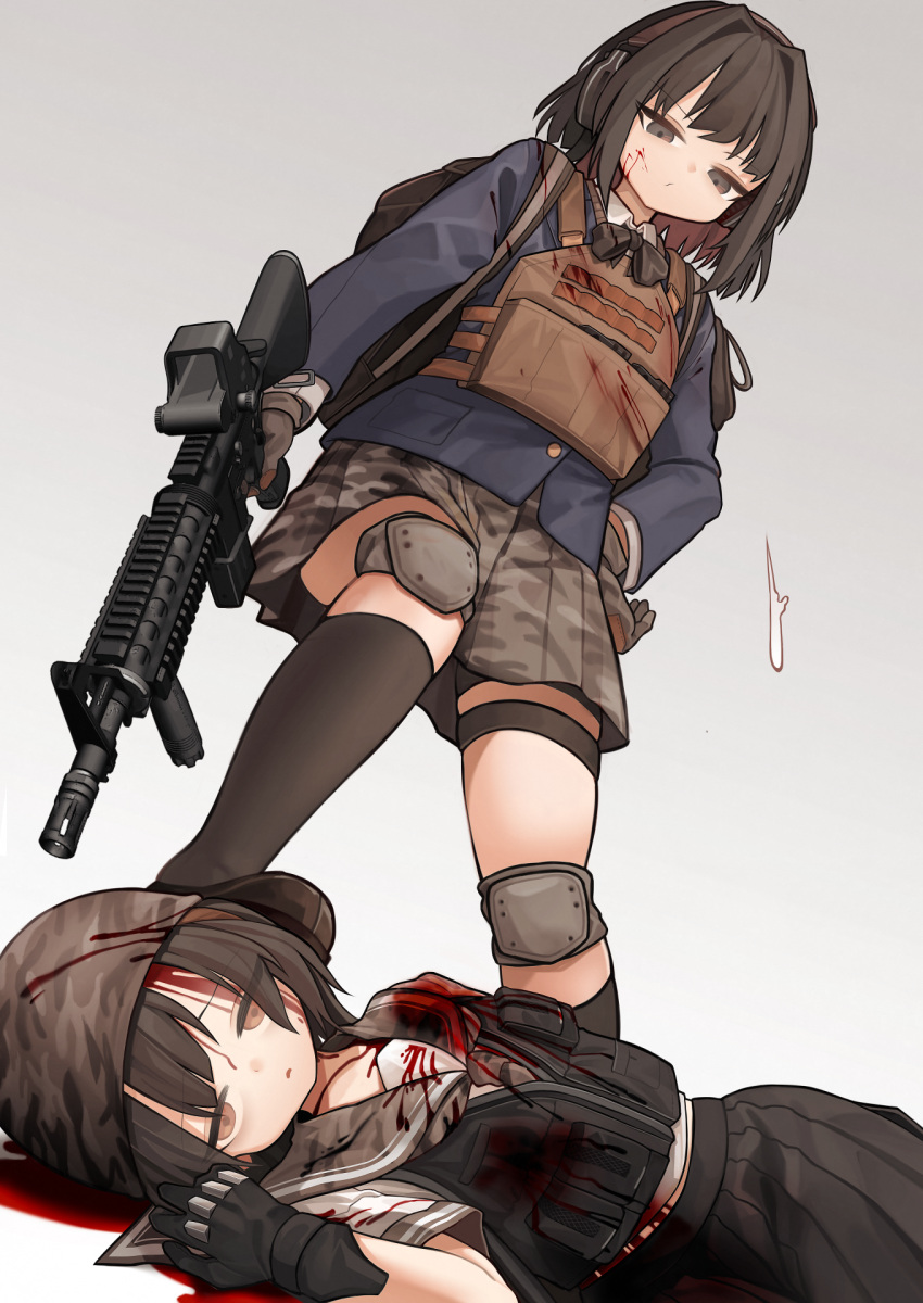 2girls akaiha_(akaihasugk) assault_rifle bangs black_gloves black_legwear black_skirt blood bloody_clothes blue_jacket brown_eyes brown_gloves brown_hair brown_headwear brown_skirt camouflage camouflage_skirt check_weapon closed_mouth collared_shirt commentary_request commission death full_body gloves grey_background gun gunshot_wound headphones helmet highres jacket kevlar_vest knee_pads kneehighs long_sleeves looking_at_another looking_down m4_carbine mismatched_legwear multiple_girls original rifle shirt short_hair simple_background skeb_commission skirt stepped_on thighhighs upper_body weapon white_shirt