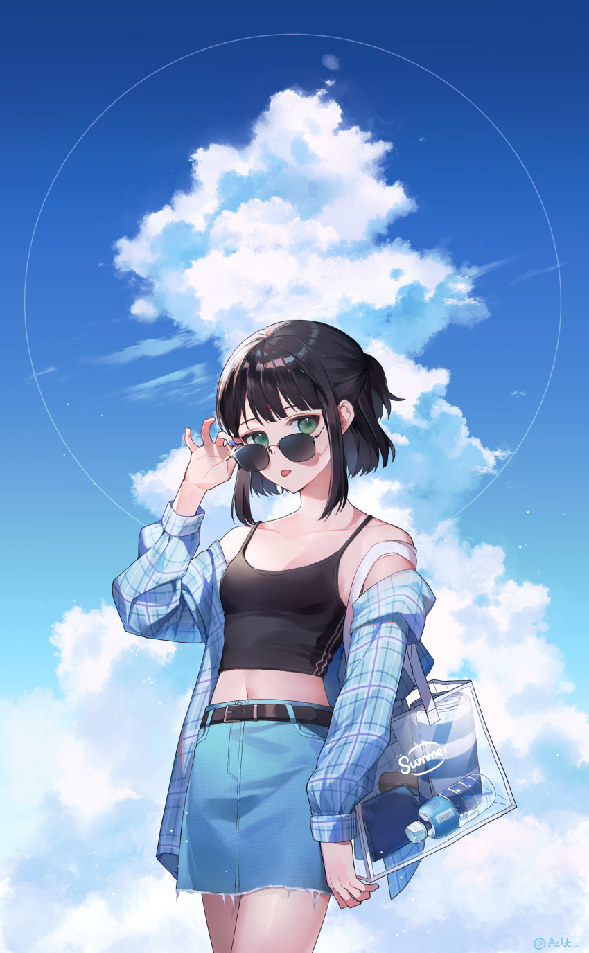 1girl :p absurdres adjusting_eyewear azit_(down) bag bare_shoulders belt belt_buckle black_hair blue_jacket blue_skirt blue_sky bottle breasts buckle camisole cloud collarbone commentary cowboy_shot cutoffs english_commentary green_eyes hand_on_eyewear hand_up highres jacket long_sleeves looking_at_viewer navel off_shoulder one_side_up open_clothes open_jacket original plaid_jacket short_hair sidelocks skirt sky small_breasts solo sunglasses tongue tongue_out towel transparent_bag twitter_username water_bottle