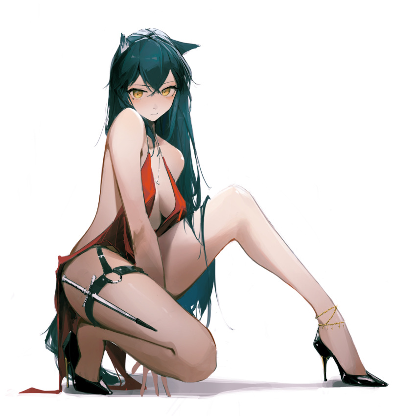 1girl :s alternate_costume animal_ears anklet arknights backless_dress backless_outfit bangs bare_arms bare_legs bare_shoulders between_legs black_footwear blue_hair blush breasts closed_mouth dagger dress evening_gown eyyy full_body hand_between_legs high_heels highres jewelry knee_up kneeling long_hair looking_at_viewer medium_breasts necklace red_dress revealing_clothes sleeveless sleeveless_dress solo tail texas_(arknights) thigh_strap very_long_hair weapon wolf_ears wolf_girl wolf_tail yellow_eyes