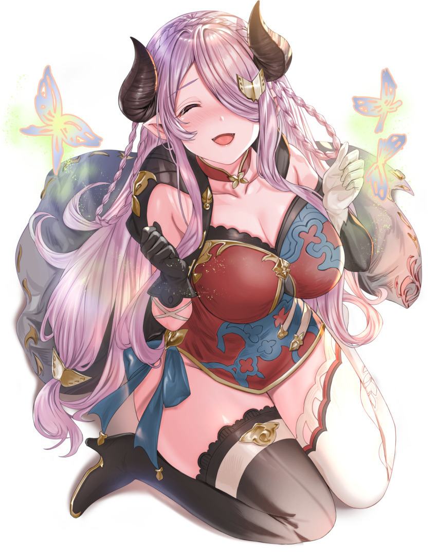1girl aldehyde asymmetrical_gloves bangs blush boots braid breasts cape cleavage closed_eyes collarbone commentary_request draph dress elbow_gloves fangs full_body gloves granblue_fantasy hair_ornament hair_over_one_eye hairclip hands_up high_heel_boots high_heels highres horns large_breasts lips long_hair narmaya_(granblue_fantasy) open_mouth pink_hair pointy_ears shiny shiny_hair shiny_skin short_dress simple_background sitting smile thigh_boots thighhighs thighs tied_hair wariza