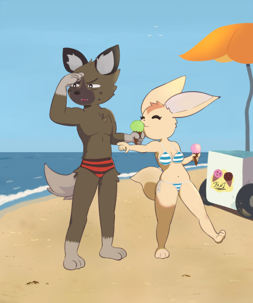 2021 aggressive_retsuko anthro athletic athletic_male beach bikini black_ears black_eyes black_markings black_muzzle black_nose blue_clothing breasts brown_body brown_countershading brown_fur canid canine cart chest_tuft cleavage clothed clothing countershading dessert detailed_background digital_media_(artwork) duo ear_tuft eyes_closed fantharubi feet female fennec fenneko food fox fur gesture haida head_tuft hi_res holding_food holding_ice_cream holding_object hyaenid ice_cream licking looking_away male male/female mammal markings midriff multicolored_body multicolored_fur narrowed_eyes navel open_mouth outside pattern_bikini pattern_clothing pattern_swimwear pivoted_ears pointing raised_leg red_clothing sand sanrio sea seaside shading_eyes sharp_teeth short_stack side-tie_bikini signature size_difference sky speedo spotted_hyena squint standing striped_bikini striped_clothing striped_swimwear stripes swimwear tan_body tan_fur teeth toes tongue tongue_out topless_male trick tuft two_tone_body two_tone_fur umbrella water wave wheels