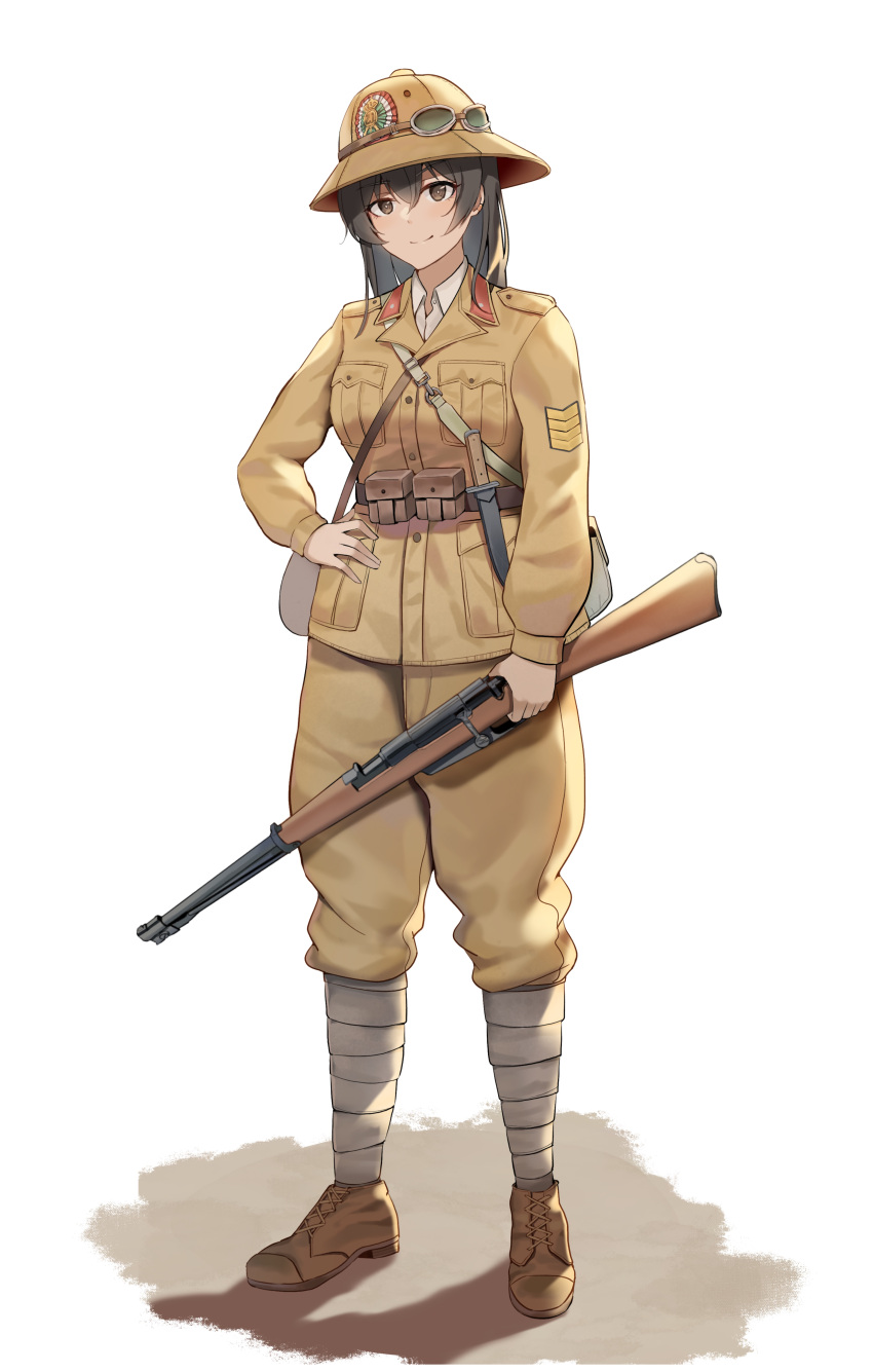 1girl absurdres black_hair bolt_action commentary english_commentary full_body goggles goggles_on_headwear gun hand_on_hip helmet highres holding holding_gun holding_weapon italy long_hair military military_uniform original pith_helmet puttee rifle solo unicron_(brous) uniform weapon weapon_request white_background world_war_ii