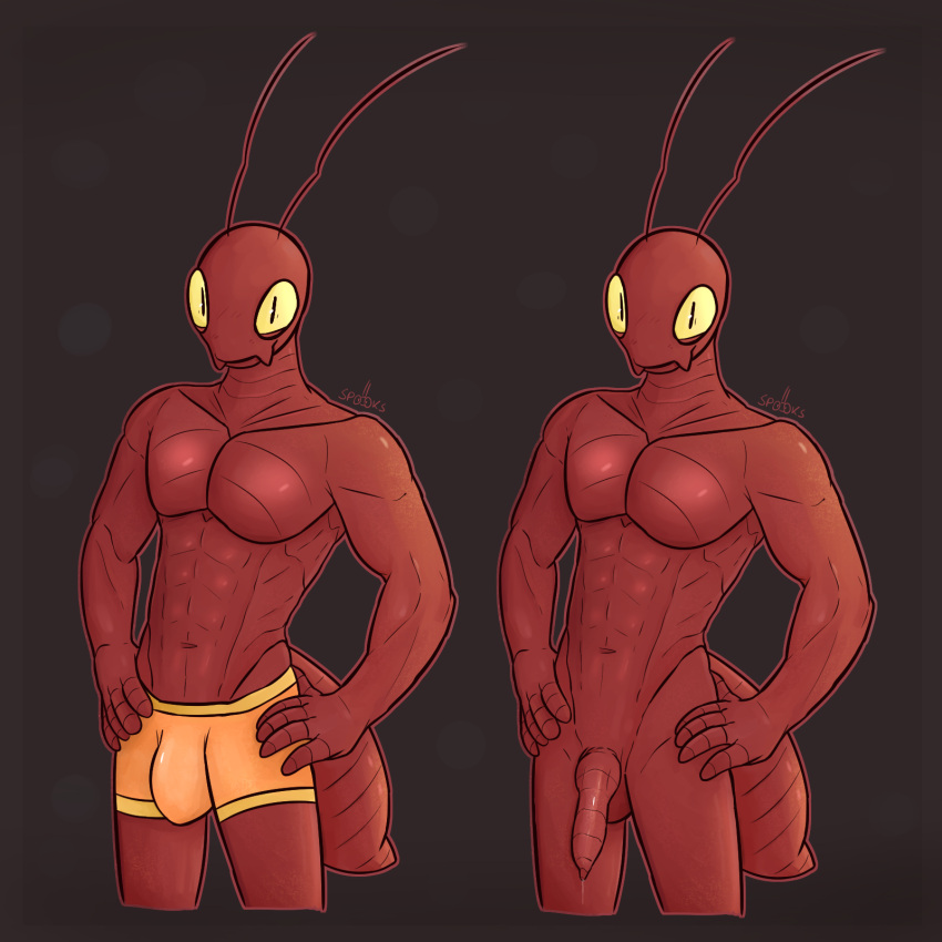 animal_humanoid ant antennae_(anatomy) anthro arthropod arthropod_abdomen arthropod_humanoid bodily_fluids bulge clothed clothing cute_fangs fangs genital_fluids hands_on_hips hi_res humanoid hymenopteran insect insect_humanoid knot male muscular nude partially_clothed pecs pose precum simple_background smile smirk solo spookysauces underwear