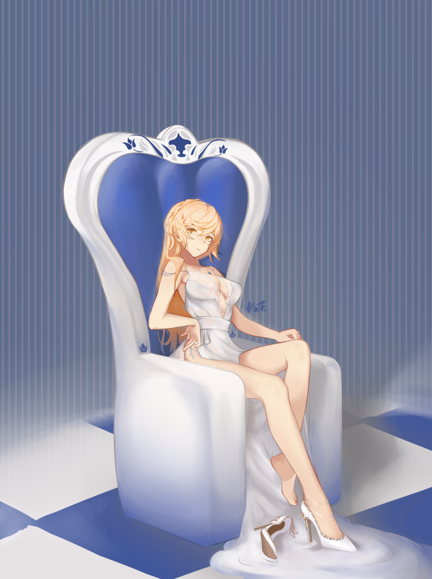 1girl absurdres armchair artist_name bare_legs barefoot blonde_hair braid breasts chair checkered checkered_floor cleavage closed_mouth dress fur girls_frontline high_heels highres jewelry ku_rong legs long_hair looking_at_viewer medium_breasts nail_polish_bottle necklace ots-14_(girls_frontline) pink_nails sitting solo striped striped_background white_dress white_footwear yellow_eyes