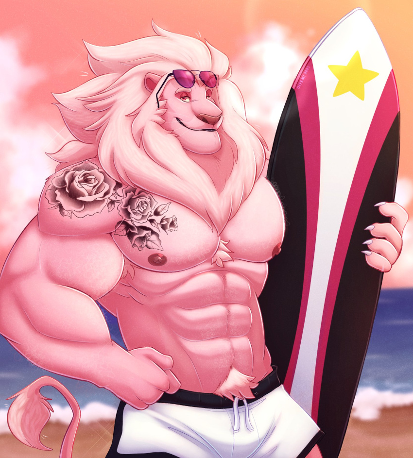 2021 anthro beach bikini cartoon_network clothing detailed_background eyewear felid fur hair hi_res lion lion_(steven_universe) male mammal muscular muscular_anthro muscular_male nipples outside pantherine pink_body pink_fur seaside sky solo steven_universe sunglasses surfboard swimwear tattoo tattoo_on_chest tattooed_arm thediyemi