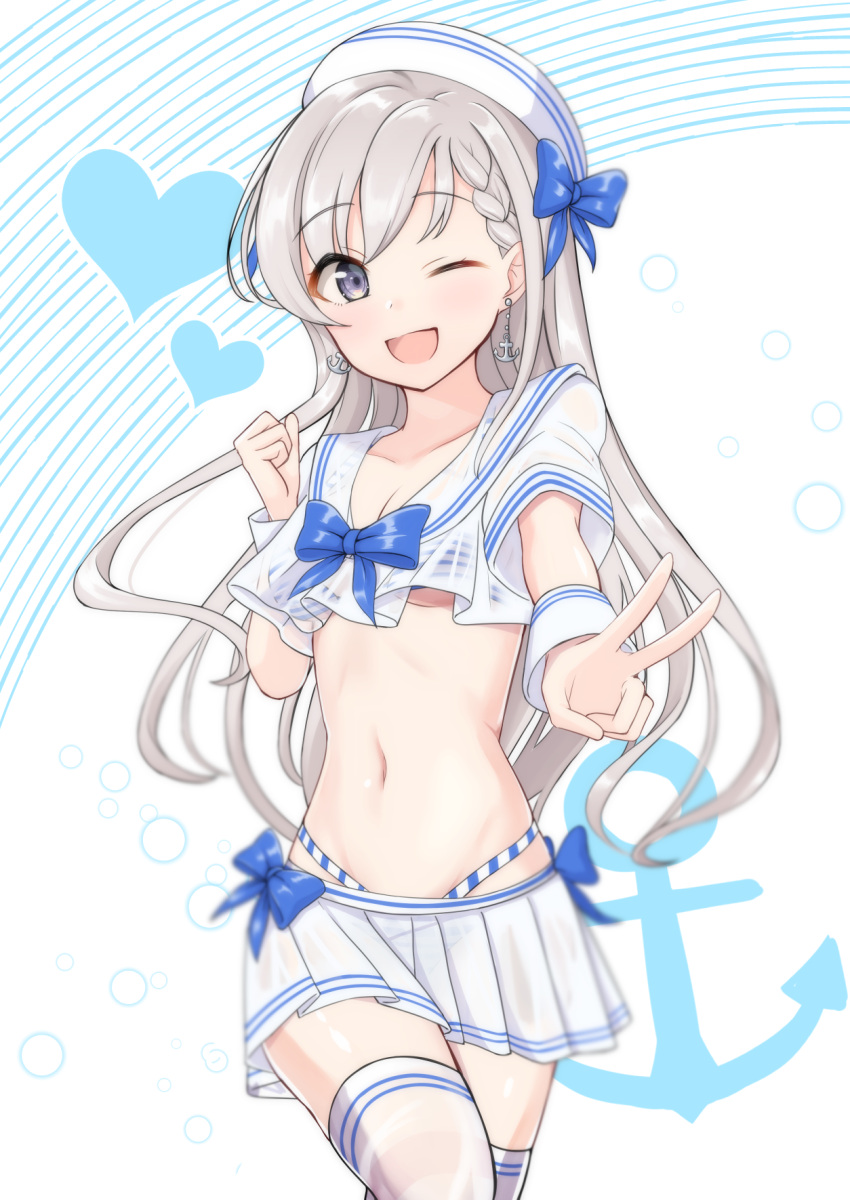 1girl ;d anchor_earrings anchor_symbol bangs beret bikini bikini_under_clothes blue_bow blush bow braid braided_bangs breasts cleavage collarbone commentary_request crop_top earrings eyebrows_visible_through_hair grey_eyes grey_hair hair_bow hat heart highleg highleg_bikini highres hisakawa_hayate idolmaster idolmaster_cinderella_girls idolmaster_cinderella_girls_starlight_stage jewelry long_hair looking_at_viewer mitsumine_raimu navel one_eye_closed open_mouth outstretched_arm pleated_skirt sailor_collar see-through shirt short_sleeves skirt small_breasts smile solo striped striped_background striped_bikini swimsuit thighhighs v very_long_hair wet wet_clothes wet_legwear wet_shirt wet_skirt wet_thighhighs white_background white_headwear white_legwear white_sailor_collar white_shirt white_skirt wrist_cuffs