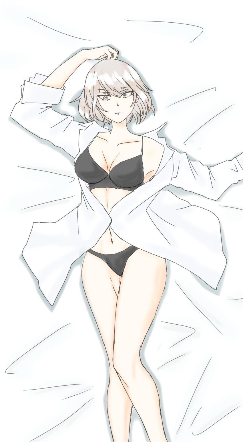 1girl alpello1901 bare_legs black_bra black_panties bra breasts cleavage closed_mouth collarbone eyebrows_visible_through_hair girls_frontline hand_up highres legs looking_at_viewer lying medium_breasts navel on_back panties shirt short_hair silver_hair simple_background solo underwear vector_(girls_frontline) white_shirt yellow_eyes