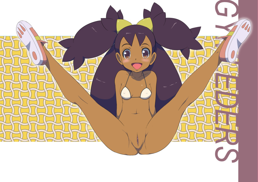 1girl :d arms_behind_back bangs big_hair bikini bikini_top blush brown_eyes commentary_request covered_nipples dark_skin dark_skinned_female full_body gym_leader highres iris_(pokemon) legs_up long_hair looking_at_viewer makoto_daikichi navel open_mouth outline pink_footwear pokemon pokemon_(game) pokemon_bw purple_hair pussy shoe_soles shoes smile solo spread_legs swimsuit tied_hair tongue two_side_up