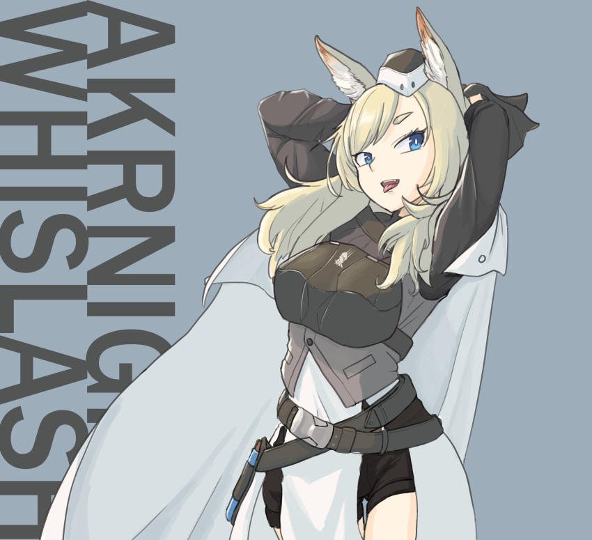 2021 absurd_res animal_humanoid arknights blonde_hair blue_eyes breasts clothing female fur hair headgear hi_res humanoid hypergryph inner_ear_fluff mammal mammal_humanoid open_mouth pose solo studio_montagne thigh_gap tongue tongue_out tuft video_games wheelsnow7 whislash_(arknights) white_body white_fur