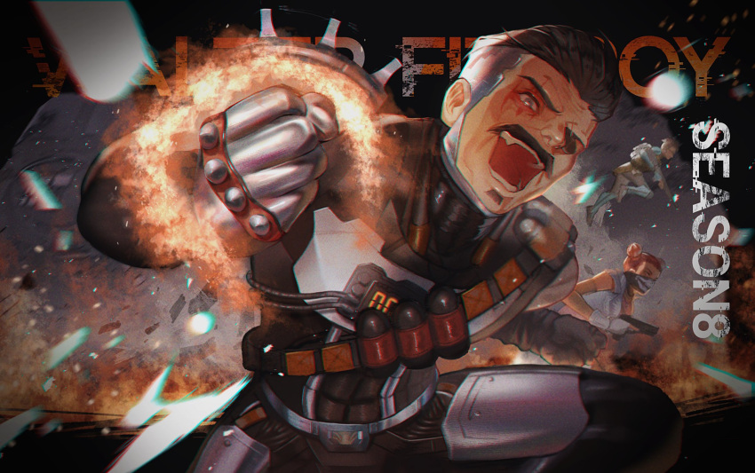 1boy 2girls apex_legends bad_to_the_bone_lifeline bandana bangalore_(apex_legends) black_hair cable clenched_hands covered_mouth cyborg double_bun explosion explosive fuse_(apex_legends) grenade grey_eyes gun hair_slicked_back handgun highres holding holding_gun holding_weapon lifeline_(apex_legends) looking_to_the_side mechanical_arms multiple_girls official_alternate_costume one_eye_covered open_mouth pistol radical_action_bangalore real_steel_fuse red_hair rifle scar scar_across_eye single_mechanical_arm solo_focus tsukura_sae weapon