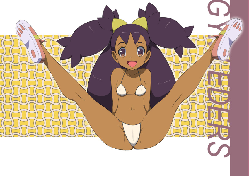 1girl :d arms_behind_back bangs big_hair bikini blush brown_eyes cameltoe commentary_request covered_nipples dark_skin dark_skinned_female full_body gym_leader iris_(pokemon) legs_up long_hair looking_at_viewer makoto_daikichi navel open_mouth outline pink_footwear pokemon pokemon_(game) pokemon_bw purple_hair shoe_soles shoes smile solo spread_legs swimsuit tied_hair tongue two_side_up
