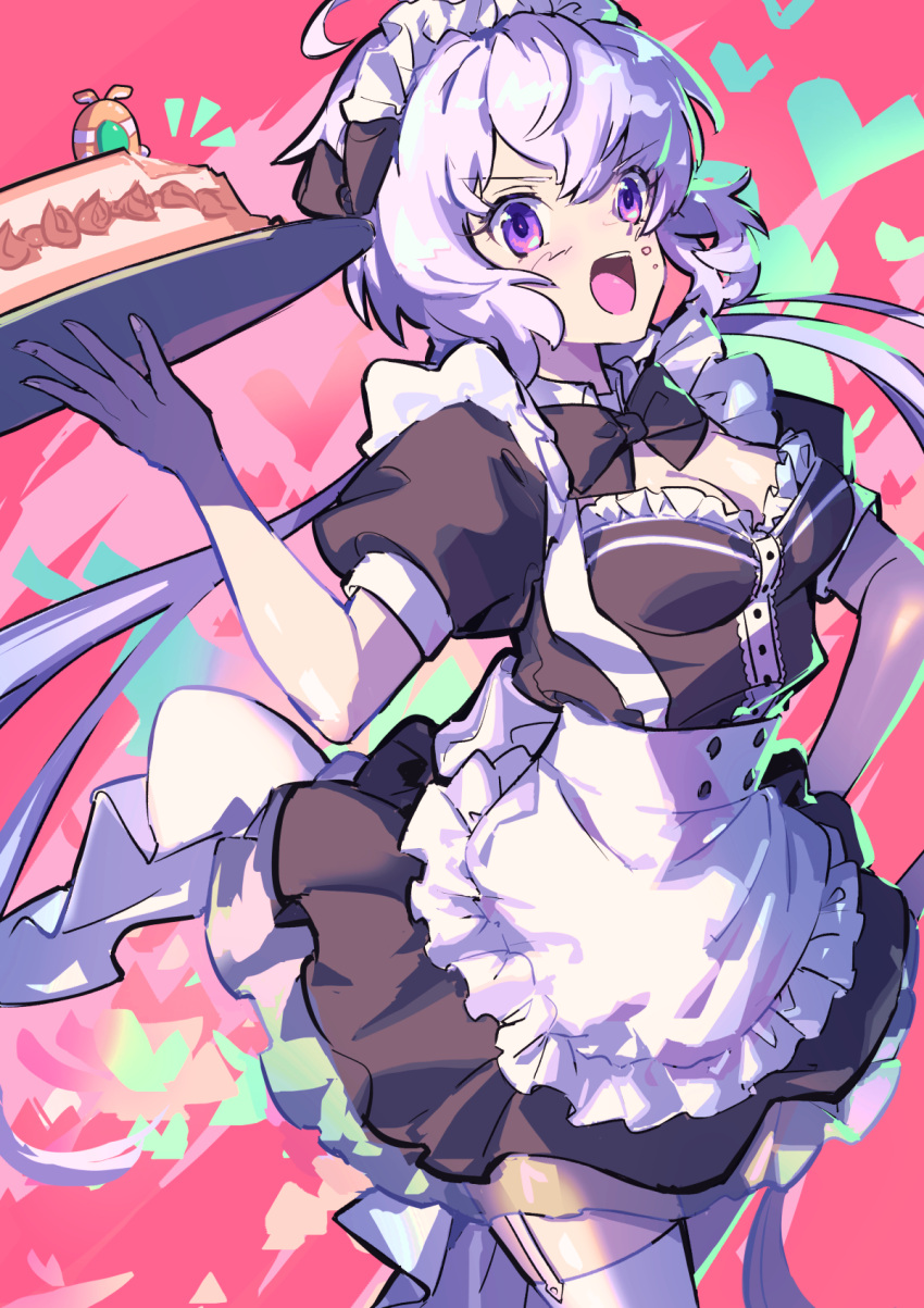 1girl ahoge alternate_costume apron black_dress breasts cake cleavage cleavage_cutout clothing_cutout crumbs dress enmaided eyebrows_visible_through_hair food heart highres holding holding_tray maid maid_apron medium_breasts noise_(symphogear) open_mouth purple_eyes senki_zesshou_symphogear silver_hair solo thighhighs thundergotch tray twintails v-shaped_eyebrows yukine_chris