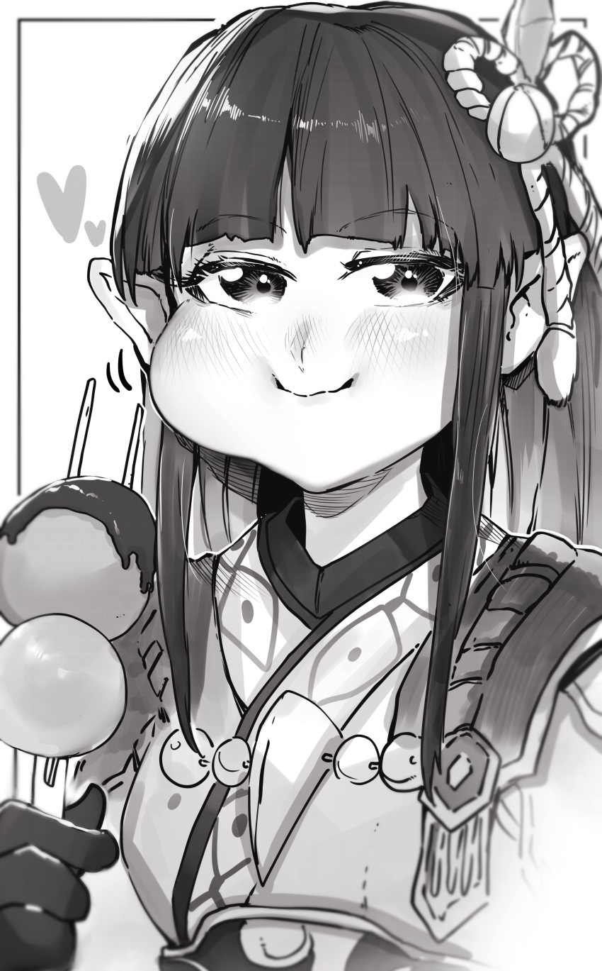 1girl absurdres bangs black_hair blunt_bangs blush breasts closed_mouth fewer_digits food gloves hair_ornament highres hinoa japanese_clothes long_hair looking_at_viewer monochrome monster_hunter_(series) monster_hunter_rise niwarizumu pointy_ears sidelocks simple_background smile