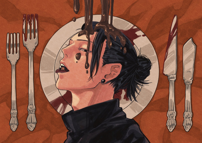 1boy ball bangs black_eyes black_hair black_jacket blood bloody_fork bloody_knife dripping ear_piercing fork fuse_(2sau3) getou_suguru hair_bun hair_pulled_back highres jacket jujutsu_kaisen knife looking_at_viewer male_focus mouth_hold open_mouth orange_background piercing plate portrait profile short_hair solo tongue tongue_out tsurime