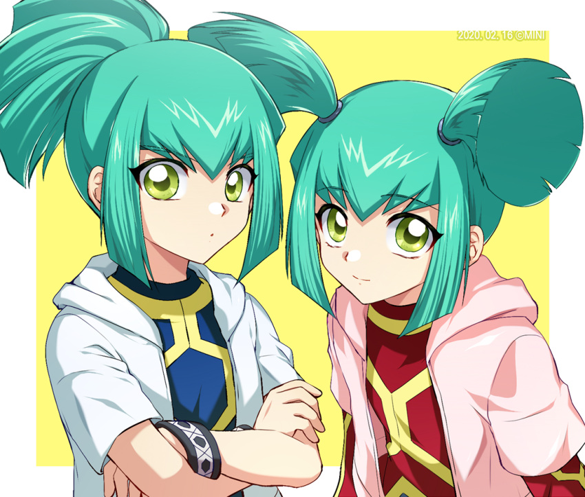 1boy 1girl 2020 aqua_hair bangs border brother_and_sister closed_mouth crossed_arms dated eyebrows_visible_through_hair green_eyes hood hooded_jacket jacket long_hair long_sleeves lua luca_(yu-gi-oh!) mini_(pixiv6327751) open_clothes open_jacket outside_border pink_jacket short_over_long_sleeves short_sleeves siblings smile solo twintails white_border white_jacket wristband yellow_background yu-gi-oh! yu-gi-oh!_5d's