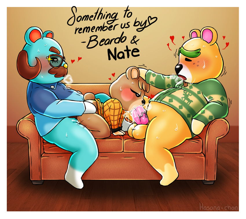 2021 animal_crossing anthro balls beardo_(animal_crossing) blue_body blush bodily_fluids clothing english_text erection eyewear furniture genitals glasses group group_sex hasana-chan male mammal maple_(animal_crossing) nate_(animal_crossing) nintendo oral penis sex shirt sitting slightly_chubby sofa sweat sweater text threesome topwear ursid video_games yellow_body