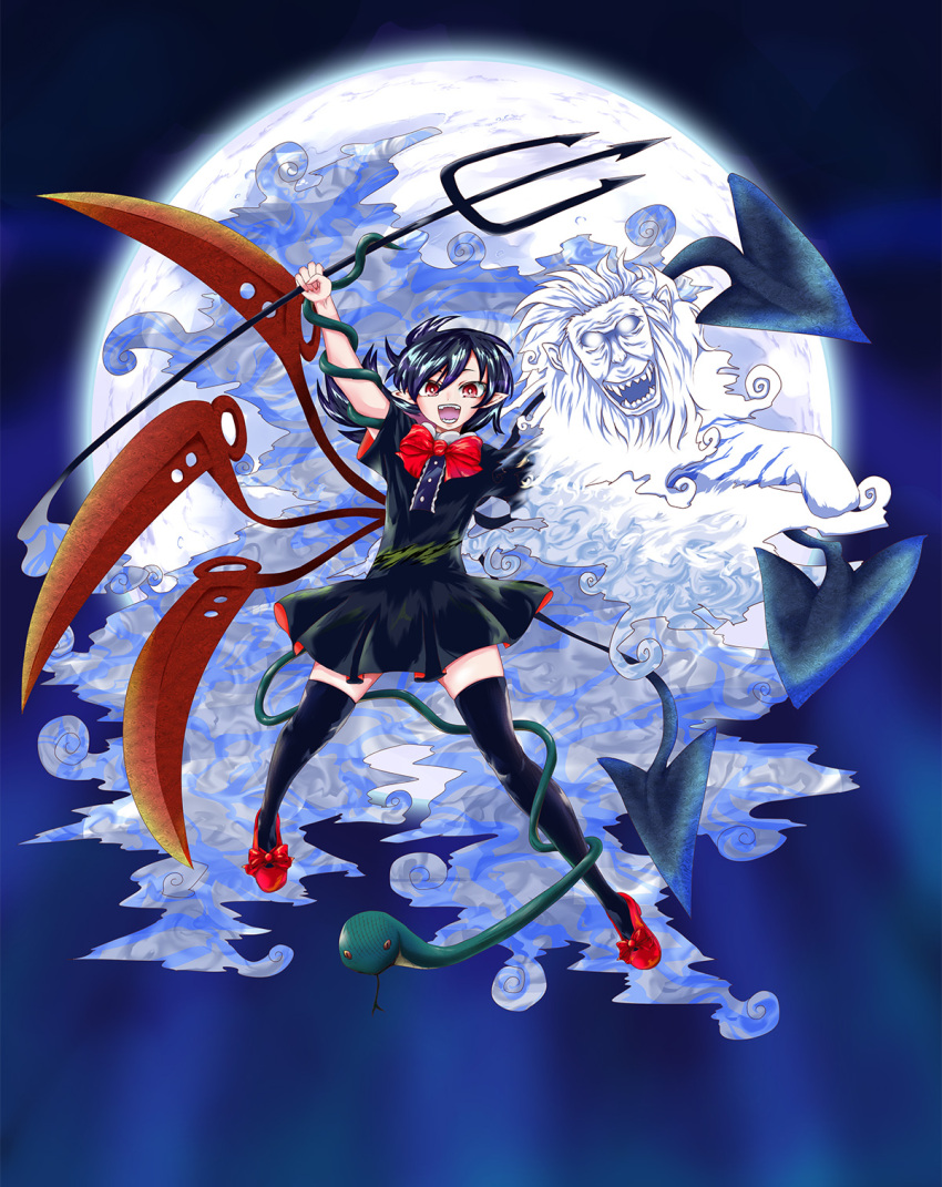 1girl asymmetrical_wings bangs black_dress black_hair black_legwear blue_wings bow bowtie buttons center_frills commentary_request dress footwear_bow frilled_dress frills full_body ghost highres houjuu_nue looking_at_viewer mary_janes medium_hair moon nue open_mouth pitchfork pointy_ears red_bow red_eyes red_footwear red_neckwear red_wings shoes short_dress short_sleeves snake thighhighs touhou wings yokochou