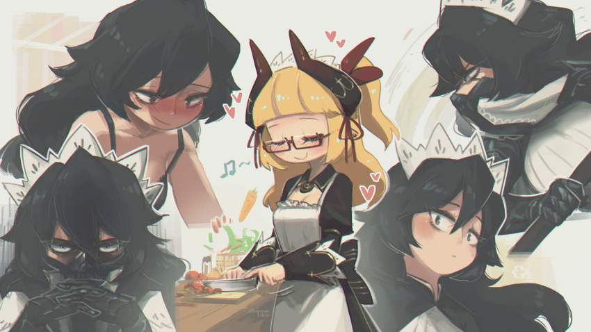 2girls absurdres artist_name bangs black_bra black_eyes black_hair blonde_hair blunt_bangs blush borrowed_character bra closed_eyes collarbone commentary cutting cutting_board dated english_commentary executioner_maid_(centuriic) flareze_(porforever) freckles gauntlets gendou_pose glasses hands_clasped heart highres horns implied_yuri juliet_sleeves knife long_hair long_sleeves maid maid_headdress making-of_available mask mouth_mask multiple_girls multiple_views musical_note nose_blush original own_hands_together porforever puffy_sleeves red-framed_eyewear semi-rimless_eyewear smile tomato under-rim_eyewear underwear