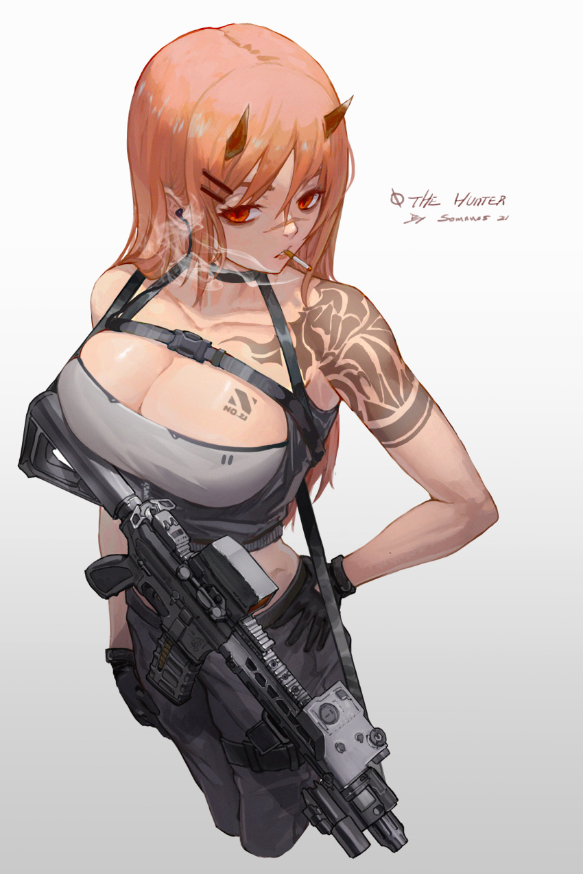 1girl ar-15 arm_tattoo artist_name bangs black_choker black_gloves black_pants breast_tattoo breasts choker cigarette cleavage collarbone eyebrows_visible_through_hair from_above gloves gun hand_on_hip highres holding holding_weapon horns large_breasts long_hair looking_at_viewer orange_hair original pants red_eyes rifle shirt smoking solo somnuss standing tank_top tattoo weapon white_background white_shirt