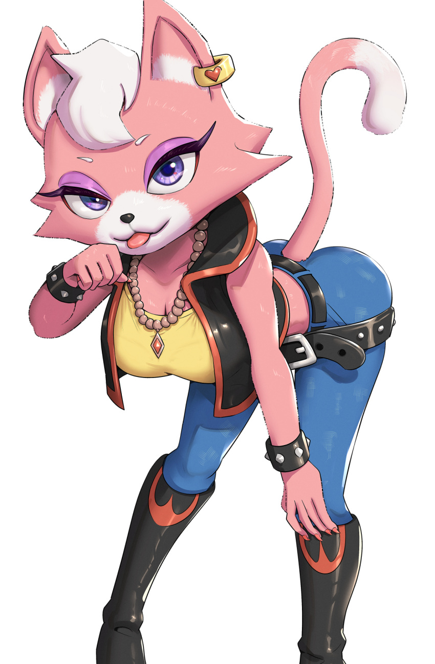 2021 5_fingers anthro belt boots bottomwear breasts clothing ear_piercing ear_ring eyeshadow felid feline female fingers footwear fur gonzarez1938 hair hi_res jacket jewelry katt_monroe makeup mammal necklace nintendo pants piercing purple_eyes solo star_fox tongue tongue_out topwear video_games white_hair