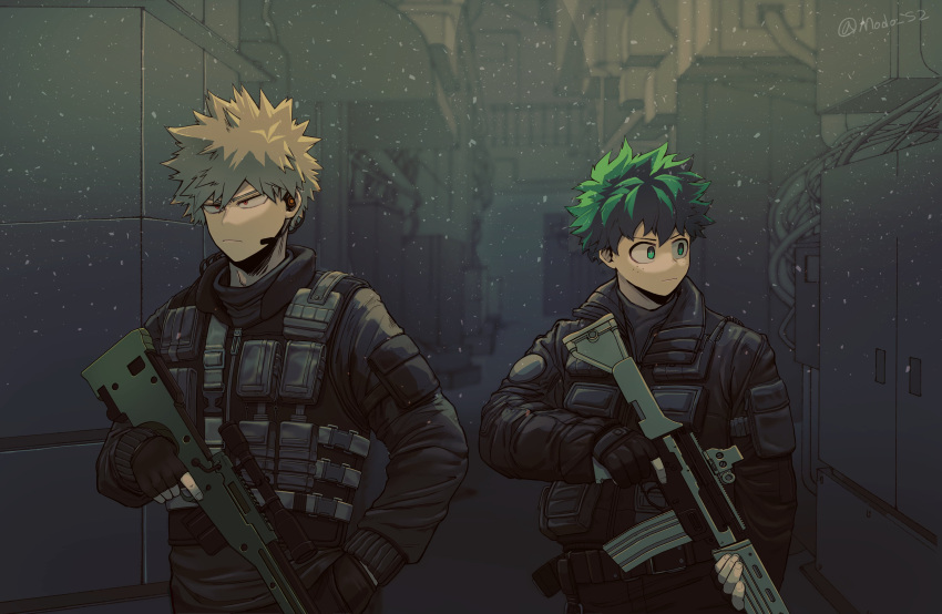 2boys absurdres alternate_costume bakugou_katsuki bangs black_gloves black_jacket blonde_hair boku_no_hero_academia commentary_request cowboy_shot fingerless_gloves freckles gloves green_eyes green_hair gun hand_in_pocket highres holding holding_gun holding_weapon jacket light_particles load_bearing_vest long_sleeves male_focus midoriya_izuku modo_(modo_s2) multiple_boys night outdoors red_eyes rifle short_hair sniper_rifle spiked_hair tactical_clothes weapon