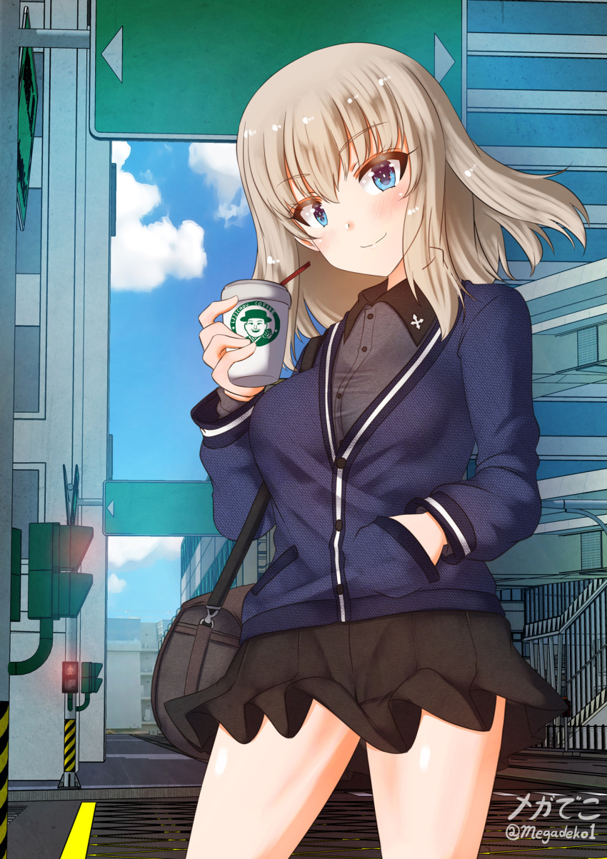 1girl aquaegg black_skirt blonde_hair blue_eyes blush breasts closed_mouth drink eyebrows_visible_through_hair girls_und_panzer hand_in_pocket highres itsumi_erika kuromorimine_school_uniform large_breasts looking_at_viewer microskirt outdoors pleated_skirt school_uniform shiny shiny_hair skirt smile solo standing