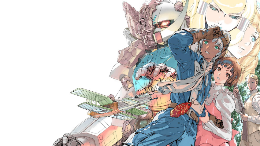 2boys 3girls aircraft airplane bangs blonde_hair blue_eyes blue_lips blue_pants blue_shirt breasts brown_eyes brown_hair dark_skin dark_skinned_male dianna_soreil dress flying goggles goggles_on_head guin_sard_lineford gun gundam highres holding holding_gun holding_weapon juliet_sleeves kihel_heim lipstick long_sleeves looking_down loran_cehack makeup mecha mobile_suit multiple_boys multiple_girls one_eye_covered open_hand pants pink_dress puffy_sleeves red_eyes rock scarf science_fiction shirt shirt_tucked_in silver_hair small_breasts sochie_heim turn_a_gundam turn_a_gundam_(mobile_suit) v-shaped_eyebrows weapon white_background white_scarf yasuda_akira