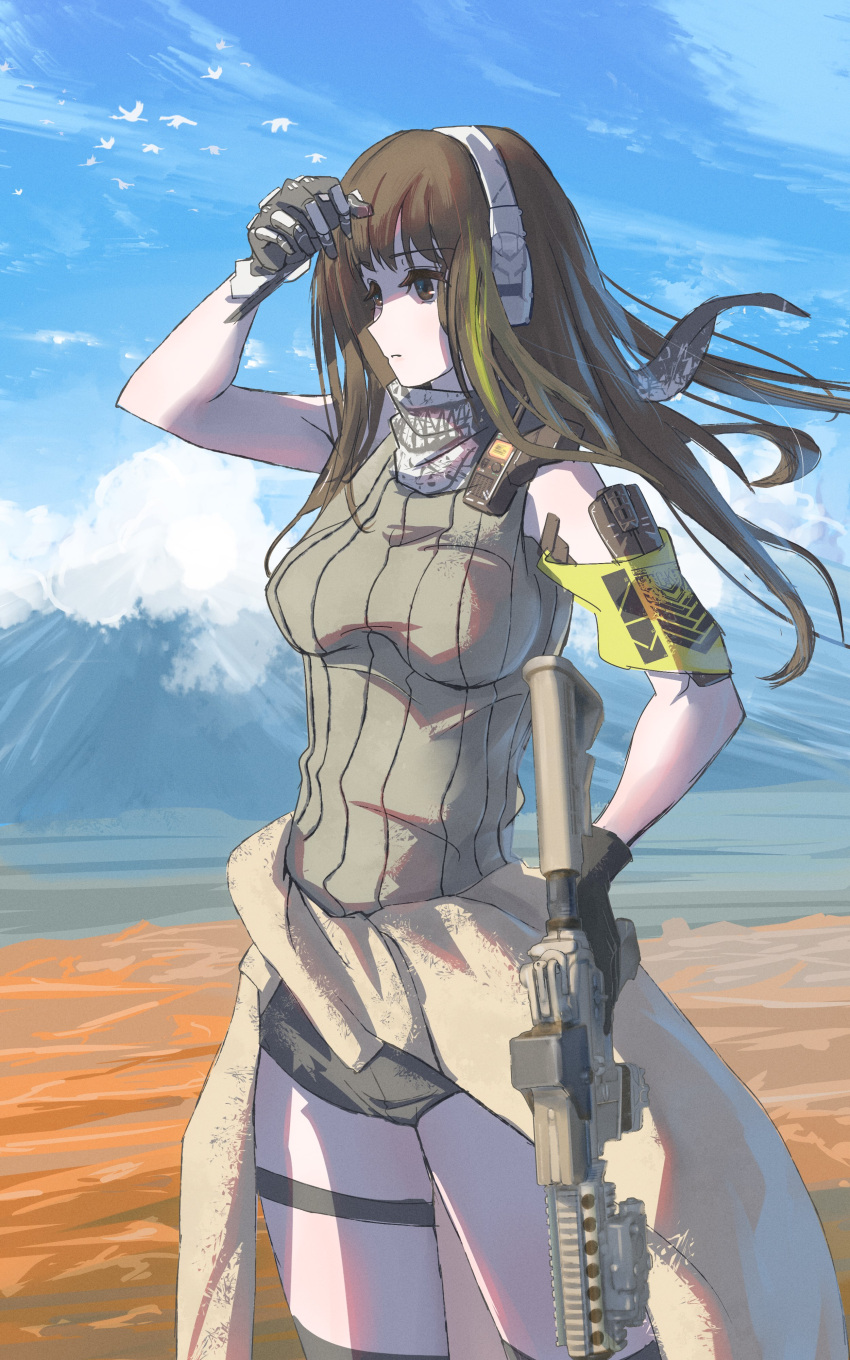 1girl absurdres armband assault_rifle bandana breasts brown_eyes brown_hair clothes_around_waist commentary_request cowboy_shot girls_frontline gloves green_hair grifon_&amp;_kryuger gun headset highres holding holding_gun holding_weapon jacket jacket_around_waist long_hair m4_carbine m4a1_(girls_frontline) mechanical_hands medium_breasts multicolored_hair outdoors ribbed_sweater rifle shading_eyes shorts shu70077 single_mechanical_hand sky sleeveless sleeveless_sweater solo streaked_hair sweater thigh_strap walkie-talkie weapon