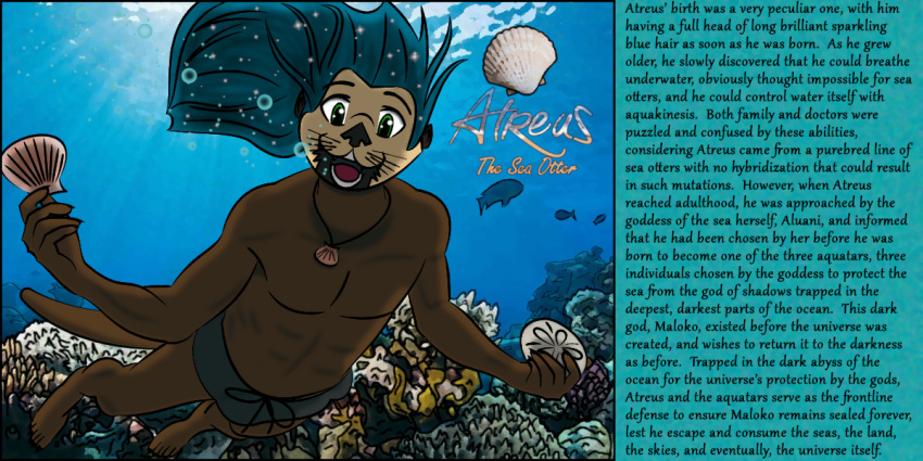 anthozoan anthro atreus_the_sea_otter atreustheseaotter blue_hair brown_body brown_fur bubble clamshell clothing cnidarian coral fish fur green_eyes hair light_rays looking_at_viewer lutrine male mammal marine mustelid sand_dollar sea sea_otter shell shell_necklace smile solo sparkles sparkly_hair swimming swimming_trunks swimwear underwater water whiskers