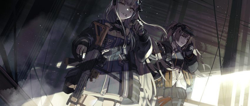 2girls absurdres assault_rifle brown_eyes brown_hair commentary_request cowboy_shot explosive facial_mark fujita_(condor) girls_frontline goggles goggles_on_head green_eyes grenade grenade_pin gun h&amp;k_hk416 hair_ornament hairclip head_mounted_display highres hk416_(girls_frontline) holding holding_grenade holding_gun holding_weapon id_card jacket long_hair looking_at_viewer mod3_(girls_frontline) mouth_hold multiple_girls open_clothes open_shirt pleated_skirt rifle scar scar_across_eye shade shirt silver_hair skirt smile sports_bra twintails ump9_(girls_frontline) walkie-talkie weapon white_shirt