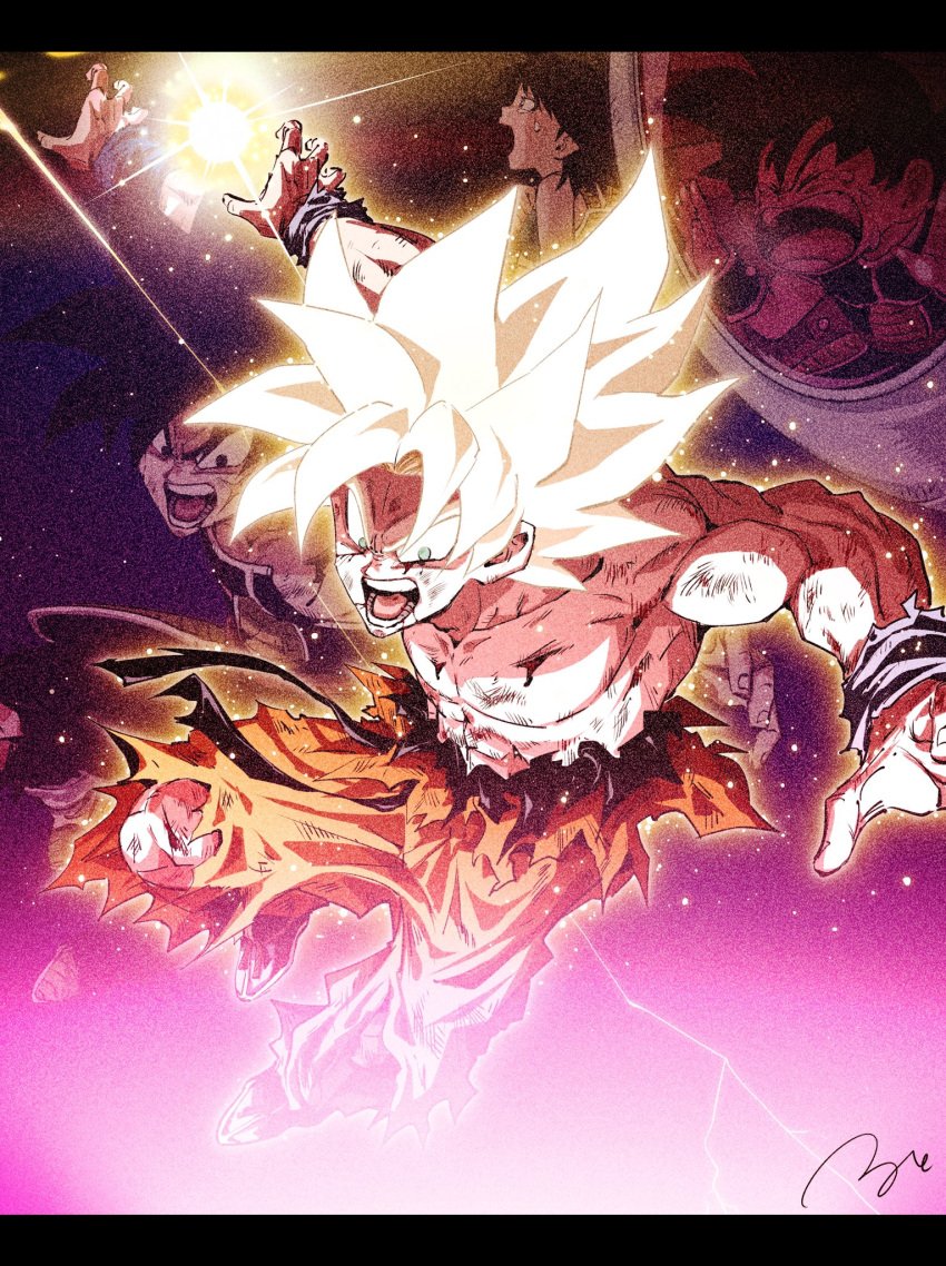 1girl 3boys attack_ball aura bardock black_eyes black_hair bleeding blonde_hair blood child closed_eyes commentary_request crying crying_with_eyes_open dragon_ball dragon_ball_minus dragon_ball_super dragon_ball_z energy_ball gine green_eyes highres injury letterboxed male_focus multiple_boys muscular muscular_male no_pupils open_mouth orange_pants pants ruto830 saiyan_armor sash scar scar_on_cheek scar_on_face shouting signature son_goku spiked_hair super_saiyan tears torn_clothes torn_pants wristband