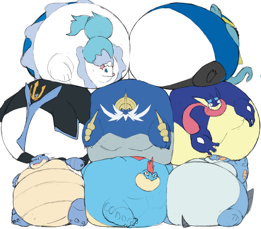 absurd_res ambiguous_gender anthro belly black_belly black_body blastoise blue_belly blue_body blue_fur crown empoleon feral feraligatr fur gills greninja group hair hi_res immobile inflation inteleon morbidly_obese nintendo obese overweight pok&eacute;mon pok&eacute;mon_(species) primarina samurott scales shell stack swampert video_games white_belly white_body zephy_03